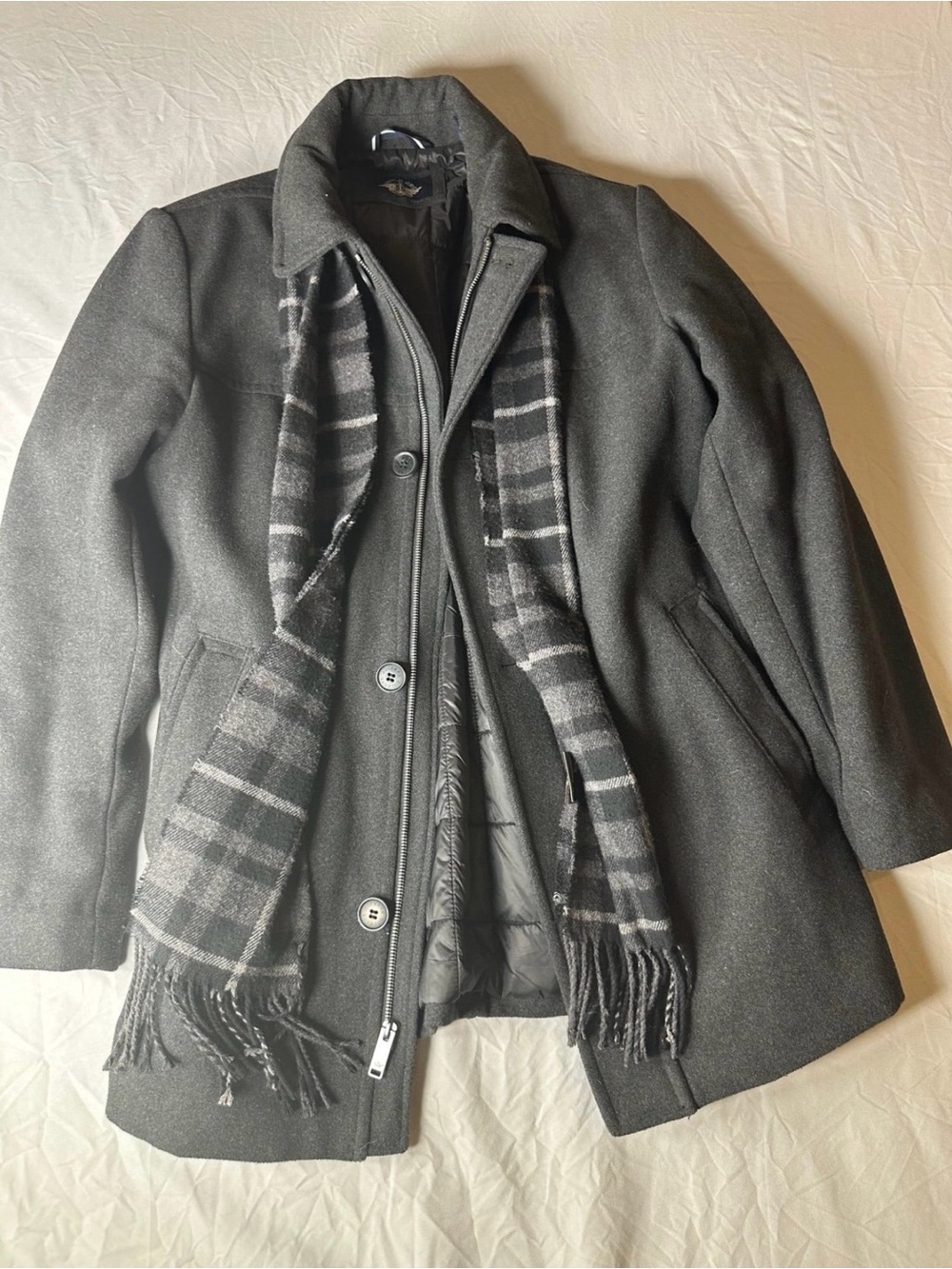 Dockers Black Wool-Blend Peacoat with Plaid Scarf